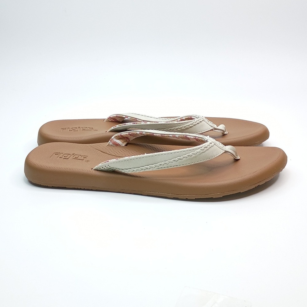 Flojos Sandals Flip Flops Women Size 8 Brown Cream Woven Fabric Strap - Picture 5 of 8